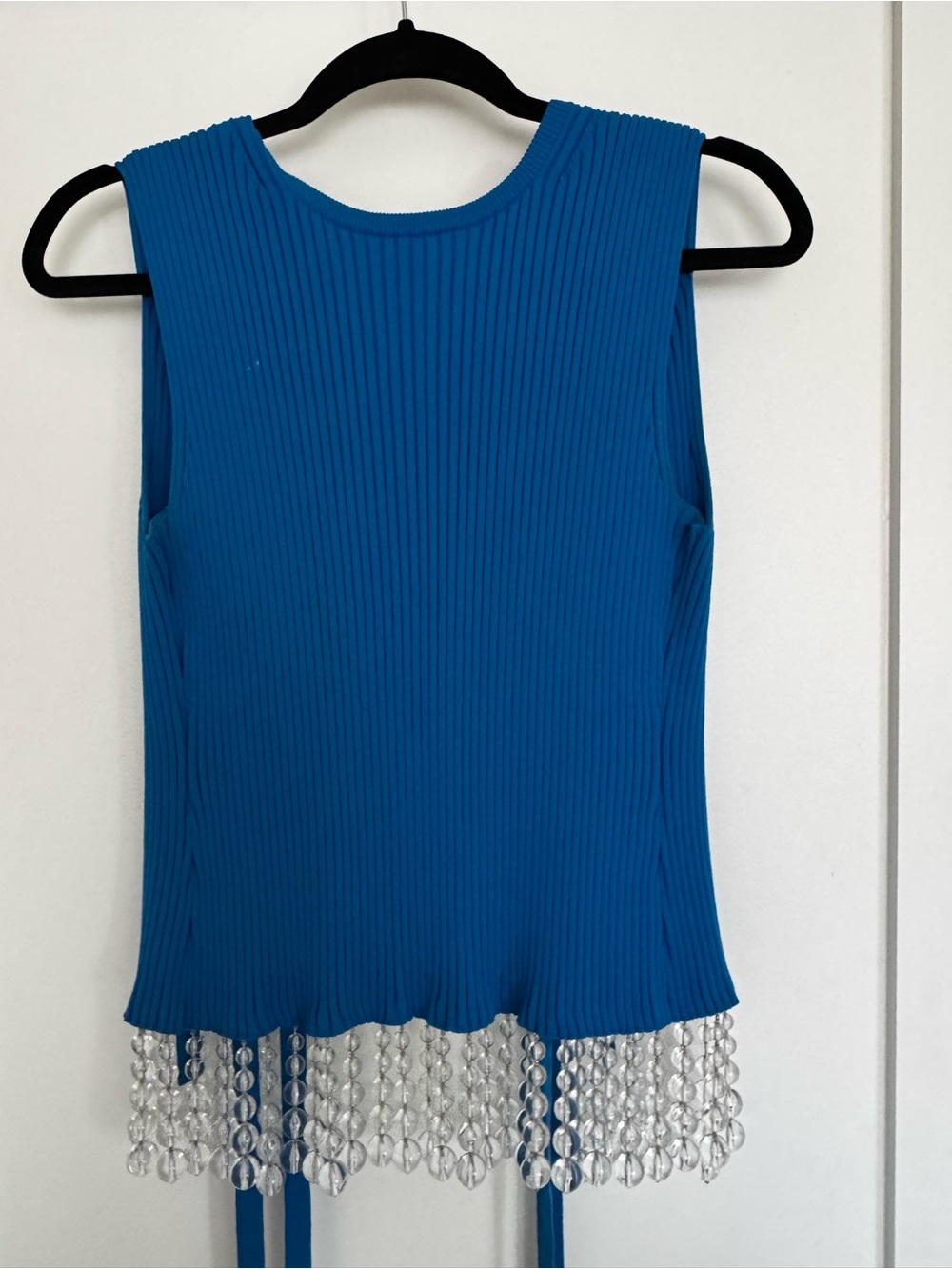 Opening Ceremony Blue Ribbed Tank with Beaded Fringe